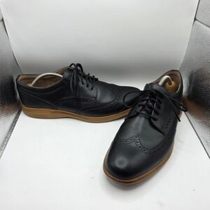 Cole Haan Grand OS Mens 10M Black Leather Wingtip Derby Shoes C26249 Tan Sole